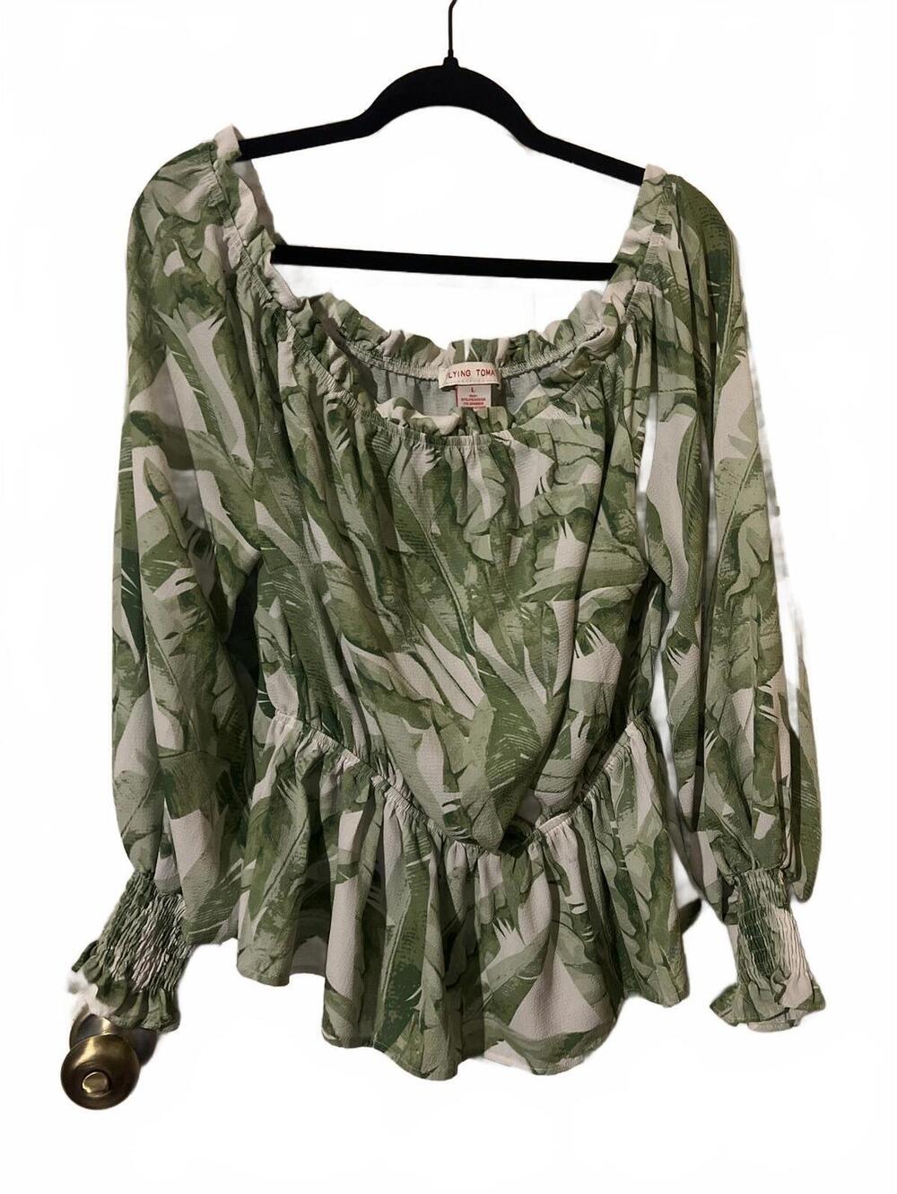 Flying Tomato Green Leaf Print Off-Shoulder Blouse, Size L